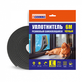 Уплотнитель резиновый E-профиль, 4*9 мм, 6 м, черный, 4Walls 